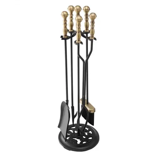 VEVOR Kaminbesteck-Set, 5-teiliges Ofenbesteck-Set, fünfzackiger Ständer, Zange, Ascheschaufel, Bürste, Schürhaken, Kaminzubehör aus Schmiedeeisen für drinnen und draußen, Schwarz und Messing – Bild 9