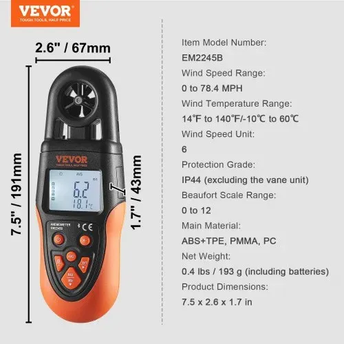 VEVOR Anemometer 78,4MPH Luftgeschwindigkeitsmesser 191x67x43mm Windmesser IP44 Windmessgerät Windstärkemesser MAX/MIN/AVG/CU-Windgeschwindigkeitsdaten Bluetooth Geschwindigkeitsmessgerät – Bild 6