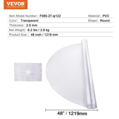 VEVOR Kunststoff-Tischdecke, 48 x 48 Zoll, 2,0 mm dick, transparenter Tischschutz, runde PVC-Schreibtischunterlage, wasserdichte und leicht zu reinigende Schreibtischunterlage, Tischdecke, für Büro, Kommode, Esszimmertisch, Nachttisch – Bild 6