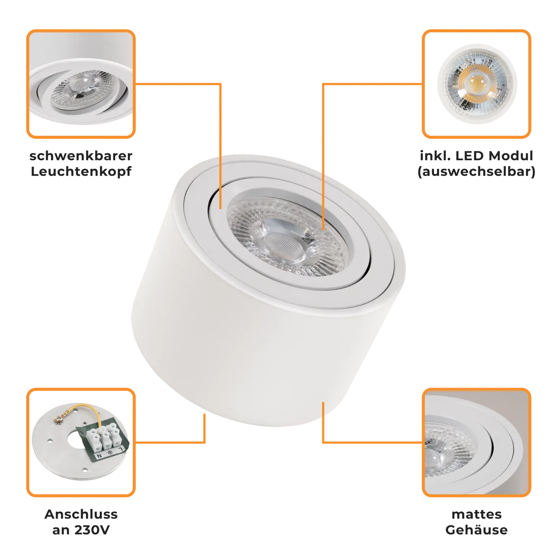 LED-Aufbauleuchte McShine, 5W, 400Lumen, 3000K, ØxH 80x50mm – Bild 4