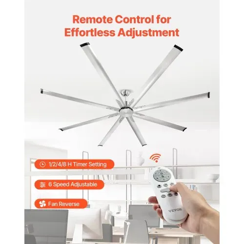 VEVOR 244 cm Deckenventilator ohne Beleuchtung, 6-Gang-Fernbedienung, 8 Flügel aus Alu, Gleichstrommotor, Ventilator für Schlafzimmer, Wohnzimmer, Terrasse, Innen-/Außenbereich, gebürstetes Nickel – Bild 4