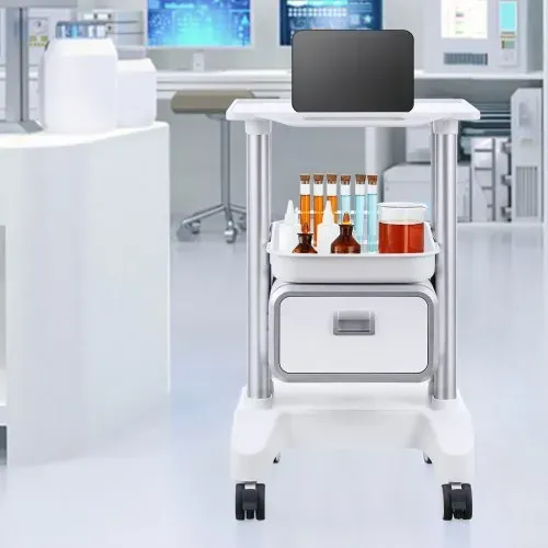 VEVOR Laborwagen mit 2 Ebenen, Laborwagen mit 1 Schublade und 1 oberem Tablett, mobiler medizinischer Wagen aus ABS-Material, Laborrollwagen mit 4 leisen Rädern für Labor, Klinik, Krankenhaus, Salon, weiß – Bild 7