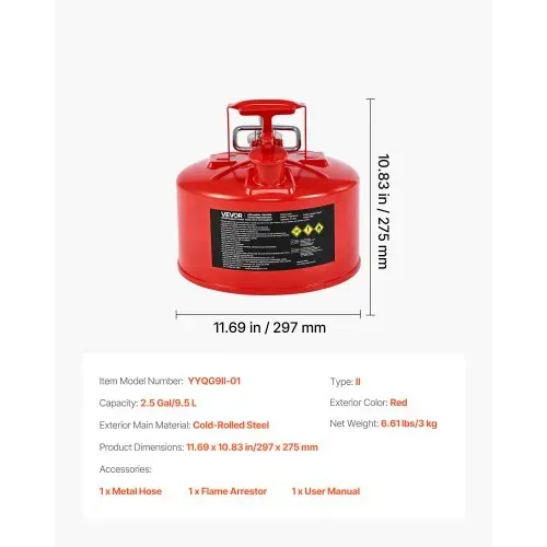 VEVOR Sicherheitskanister, 9,5 L, Typ II, Sicherheitsbehälter mit Flammensperre, selbstschließendem Deckel und flexiblem Metallausguss, Lagerbehälter zur
Aufbewahrung für brennbare Stoffe, Rot – Bild 6