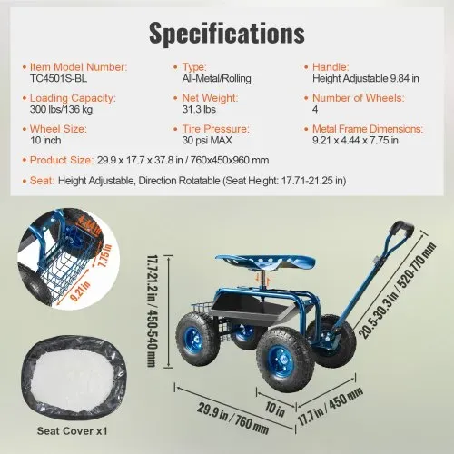 VEVOR Rollsitz Werkstattwagen aus Stahl bis 136kg belastbar Gartenwagen mit 25cm Griff und 45-54cm höhenverstellbarem Sitz Rollwagen 30PSI Reifendruck Arbeitssitz Gartensitz blau – Bild 6