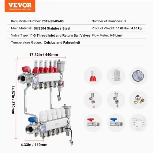 VEVOR 5-Zweig-Wärmeverteilungsverteiler, 1/2-Zoll-PEX-Rohrverteiler, Edelstahl-PEX-Verteiler für hydronische Fußbodenheizung, Wärmeverteilungs-PEX-Verteilersatz mit 1/2-Zoll-Adaptern im Lieferumfang enthalten – Bild 6