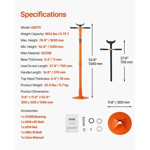 VEVOR Unterlift-Stützständer (rund Basis) 750 kg Unterhubwagen-Stützständer (Hebehöhe 134- 193 cm) mit lagermontierter Drehgriff & selbstsichernde Gewindeschraube & zwei Rädern Orange – Bild 6