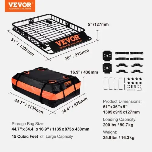 VEVOR Dachgepäckträger Korb Auto Dachkorb Universal 1305 x 915 x 127 mm, Dachgepäckträger Wanne inkl. Tasche 90 kg Tragfähigkeit Relingträger Fracht Gepäckablage Schwarz für Camping, Reisen usw. – Bild 6