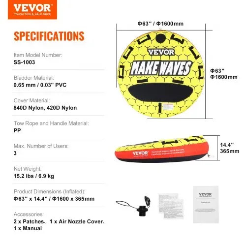 VEVOR Schleppschlauch zum Bootfahren, Aufblasbare Bootsschläuche und Schleppboote für 1–3 Personen, 510 lbs, 63 Zoll runde Wassersport-Schleppschläuche zum Ziehen von Booten, Vollnylon-Überzug – Bild 6