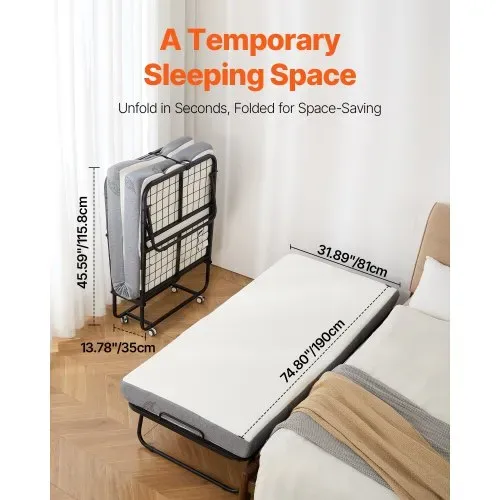 VEVOR Rollbett Klappbett mit 10 cm Matratze, faltbares Einzelbett mit Memory Foam-Matratze (190 x 81 cm), 136,1 kg belastbares Gästebett für Erwachsene, Metallbett für Schlafzimmer Wohnzimmer VEVOR Rollbett Klappbett mit 10 cm Matratze, faltbares Einzelbett mit Memory Foam-Matratze (190 x 81 cm), 136,1 kg belastbares Gästebett für Erwachsene, Metallbett für Schlafzimmer Wohnzimmer