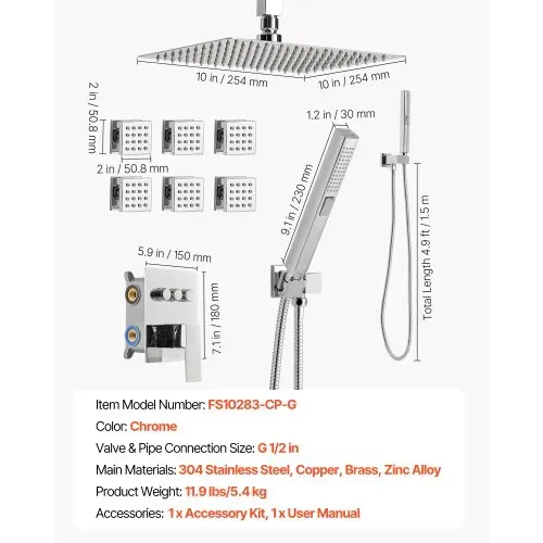 VEVOR Duschsystem-Set mit 10 Zoll Regenduschsystem / 6 Körperbrausen / 2 in 1 Handbrause, drehbarer Regenkopfsystem (3 Funktionen), Messingventil und Verkleidungssatz, Chrom Badezimmer – Bild 6
