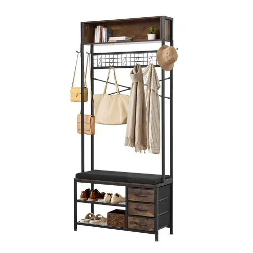 VEVOR Flurgarderobe 80 x 30 x180 cm, Garderobenständer mit Schuhablage (2 Ebenen) & 3 Schubladen, Freistehende Garderobe mit Bücherablage & Metallgitter, Ideal für Eingangsbereich, Schlafzimmer – Bild 10