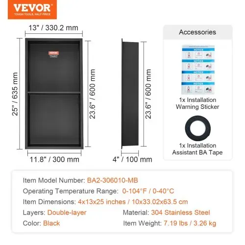 VEVOR Wandnische 10x33,02x63,5cm Duschnische Edelstahl Nische Doppellagig 100 % Wasserdicht Nischeneinbau 0-40°C Betriebstemperatur 92°-Inneneckdesign Ideal für Badezimmer Schlafzimmer Arbeitszimmer – Bild 6
