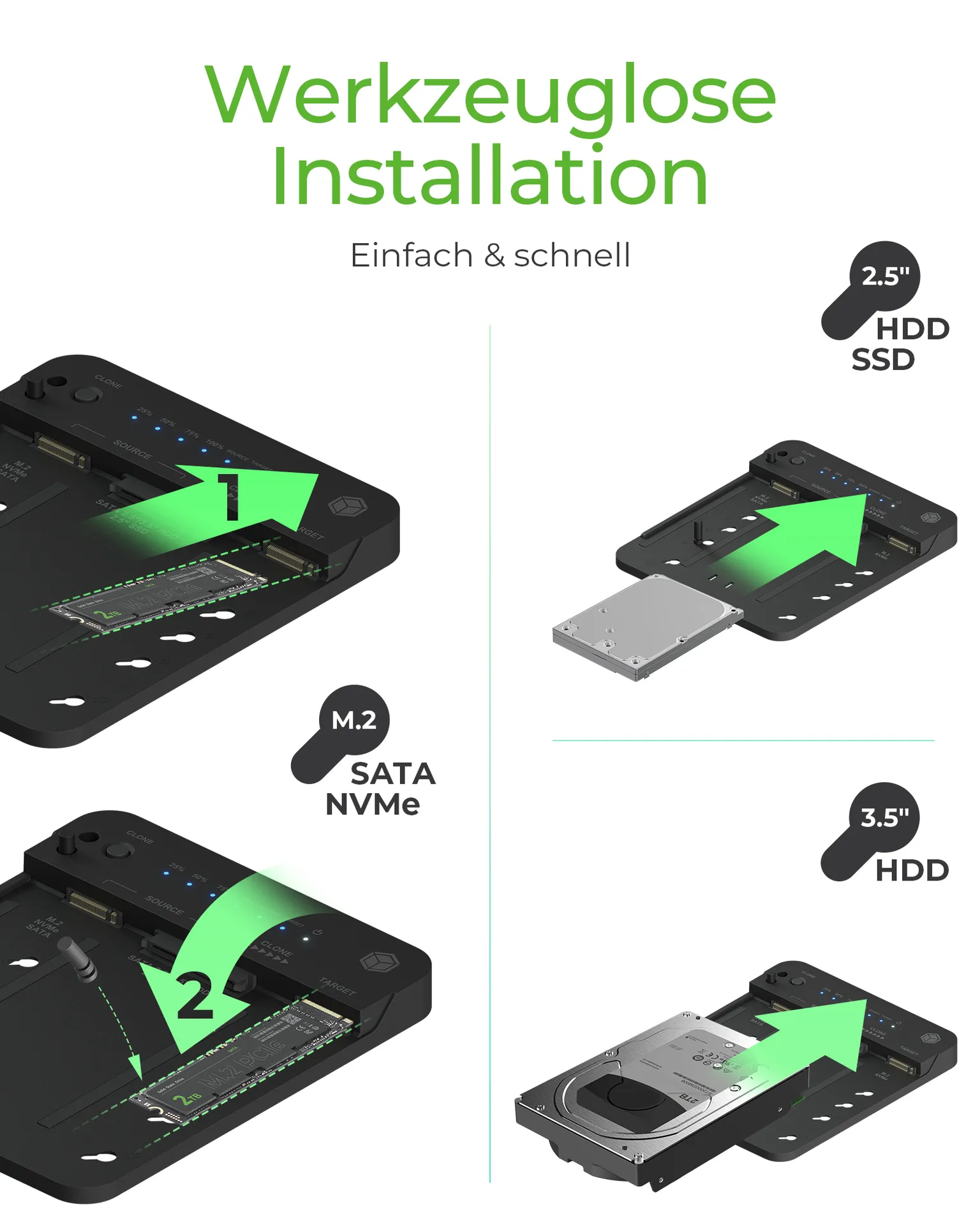 ICY BOX IB-2913MCL-C31, Docking & CloneStation für M.2 NVMe/SATA & 2,5"/3,5" SATA zu M.2 NVMe SSDs – Bild 2