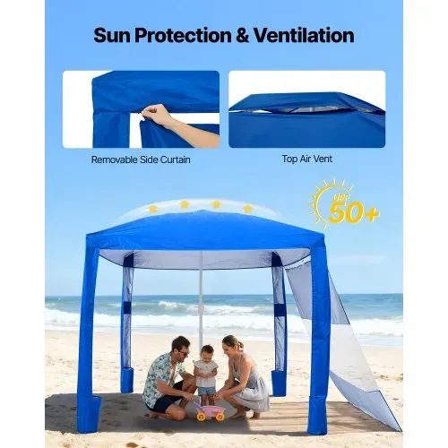 VEVOR Strand-Cabana, 2,4 x 2,4 m Strandzelt mit Seitenwand, UPF 50+ Sonnenschutz, Strandpavillon mit Sandsäcken, höhenverstellbarer & tragbarer Sonnenschutz für Familie und Freunde, Blau – Bild 3