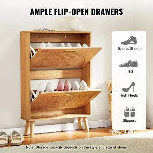 VEVOR Schuhschrank Schmal, Schuhregal Holzfarbe, 600 x 168 x 877 mm Schuhkipper mit 2 Klappen + oberem Staufach, Schuhkommode 36,28 kg Tragfähigkeit, Aufbewahrungsschrank Schuh Massivholz für Flur – Bild 3