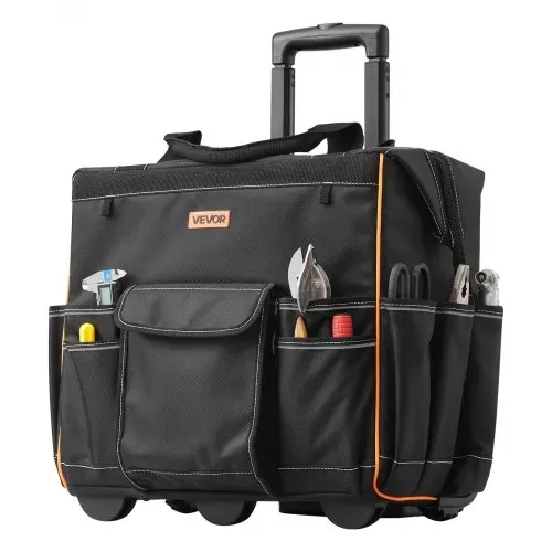 VEVOR Werkzeugtasche mit Rollen, Tragkraft 50 kg, 25 Taschen, Arbeitsrucksack mit verstellbarem Teleskopgriff & stabiler Basis, Werkzeugtaschen-Organizer für Elektriker, Baugewerbe, 460x270x430 mm – Bild 9