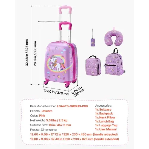 VEVOR 5 tlg. Kinderkoffer Set, 457,2 mm, Hartschalenkoffer mit Kindertrolley, Rucksack, Nackenkissen, Lunchbox & Kofferanhänge, Kofferset fürJungen & Mädchen, praktisch für Reisen Fliegen (Einhorn) – Bild 6