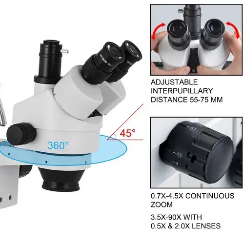 VEVOR 3,5X-90X Simul Focal Trinocular Zoom Stereo Microscope Al-Zn-Legierung 360 Grad Drehbar Trinokulares Stereomikroskop Dual Armstativ Labor Video Mikroskop zwei höhenverstellbar Ständer Zubehör – Bild 2
