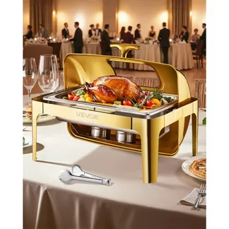 VEVOR Chafing Dish Set Speisenwärmer Edelstahl mit Pfannen in voller Größe (8,5 L), rechteckiger Wärmespender mit sichtbarem Deckel & Wasserpfannenständer & Brennstoffhalter, für Partys Gold VEVOR Chafing Dish Set Speisenwärmer Edelstahl mit Pfannen in voller Größe (8,5 L), rechteckiger Wärmespender mit sichtbarem Deckel & Wasserpfannenständer & Brennstoffhalter, für Partys Gold