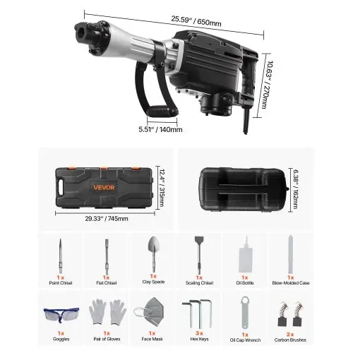 VEVOR Abbruchhammer elektrischer Betonhammer 2800 W, 1200 BPM Presslufthammer mit 3 Meißeln & einem Lehmspaten & Handschuhe & Schutzbrille, für Beton Wände Ziegel Fliesen Fundamente Schwarz – Bild 6