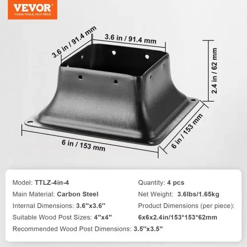 VEVOR 4er-Set Aufschraubhülse 153 x 153 x 62 mm Pfostenträger Kohlenstoffstahl Pfostenschuh Pfosten Pfostenunterlage Bodenhülse Stützenfuß Ideal für Verandageländern, Pergolen und Säulen – Bild 6