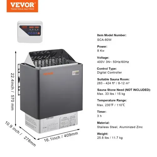 VEVOR Saunaofen, 8 kW, 400 V 3N tragbare Saunaheizung für drinnen & draußen mit 3-Stunden-Timer, digitaler Steuerung für 8–12 m³ großes Zuhause, gewerbliche Nutzung in Hotel-Spa-Duschen, max. 110 °C – Bild 6