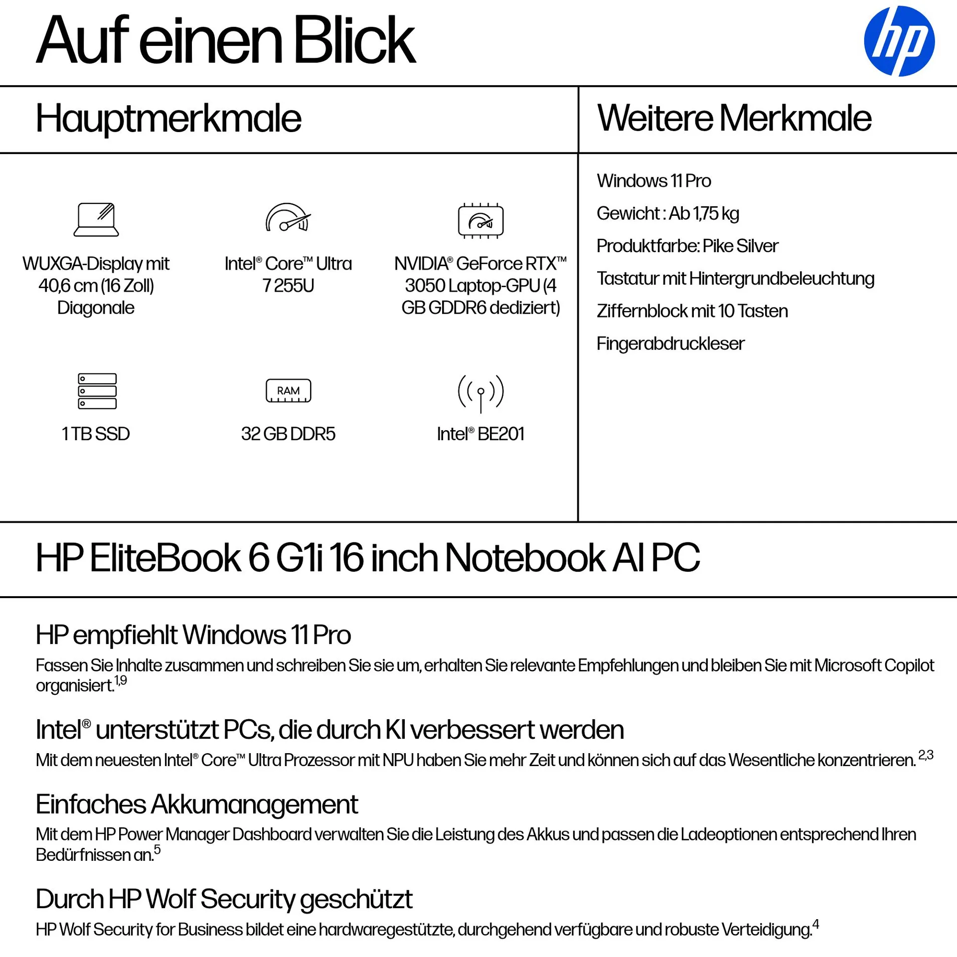 HP EliteBook 6 G1i AI Intel Core Ultra 7 255U Laptop 40,6 cm (16") WUXGA 32 GB DDR5-SDRAM 1 TB SSD Wi-Fi 7 (802.11be) Windows 11 Pro AI PC Silber – Bild 4