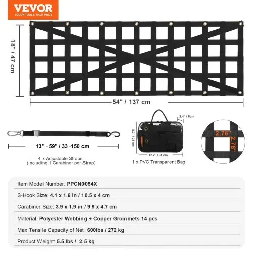 VEVOR Heckklappennetz, 137 x 46 cm, LKW-Ladeflächennetz mit 4 verstellbaren Teleskopgurten, kreuzverstärktes Design, ausziehbar und langlebig, Gepäcknetz geeignet für Pickup, LKW, Anhänger, Jeep, SUV – Bild 6