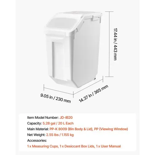 VEVOR Reisbehälter 20 L Tierfutterbehälter aus PP-Kunststoff Stapelbar für Getreide, Reis (14 kg), Müsli und Mehl (10 kg), Luftdichter Deckel, Doppelter Dichtungsring, Sichtfenster und Messbecher – Bild 6