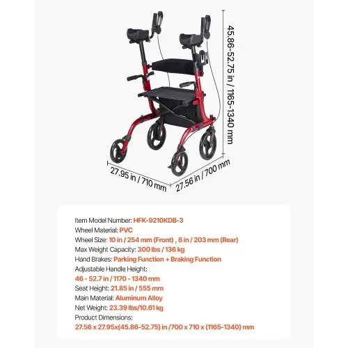 VEVOR Rollator Faltbar mit Sitz, Leichtgewicht Gehwagen mit 4 PVC Reifen, Gehhilfe bis 136 kg mit Rückenlehne Tasche Gehstockhalter, Höheverstellbare Laufhilfe mit Feststellfunktion für Senioren, Rot – Bild 6