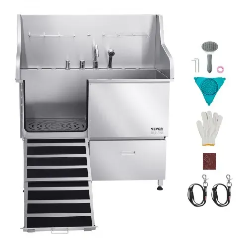 VEVOR 304 Edelstahl-Hundewaschstation, 127 cm große Pflegebadewanne mit rutschfester, flacher Rampe, Schublade, Warm- und Kaltwasserhahn, All-in-One-Badewanne für Pflegesalons, für alle Größen geeignet (linke Tür) – Bild 8