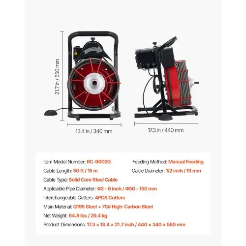 VEVOR Rohrreinigungsmaschine φ13 mm x 15 m, Reinigungsspirale mit Manueller Zufuhr, 4 Schneidmessern & Pneumatischem Fußschalter, Rohrreiniger für Rohre von 50 mm bis 150 mm, Rohrreinigungsgerät – Bild 6