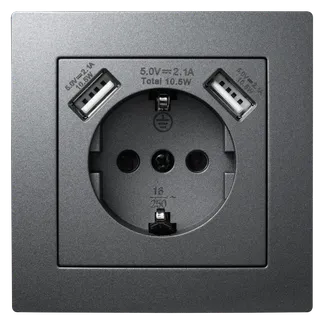 Schutzkontakt-Steckdose mit 2x USB McPower “Flair“, 250V, 5V/2,1A, UP, anthrazit Schutzkontakt-Steckdose mit 2x USB McPower “Flair“, 250V, 5V/2,1A, UP, anthrazit