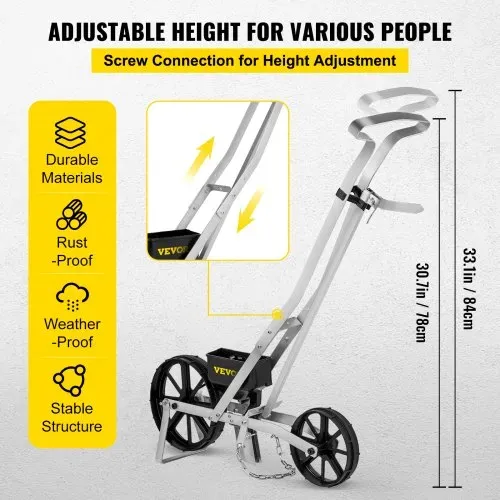 VEVOR Sämaschine Aluminium+ABS Handsämaschine 6xSaatplatten einreihige Drillmaschine 78-84cm Höhenverstellbar Dippelmaschine 6cm Vorderrad 5cm Hinterrad ideal für Samen wie Mais Lauch Spinat Karotten – Bild 4