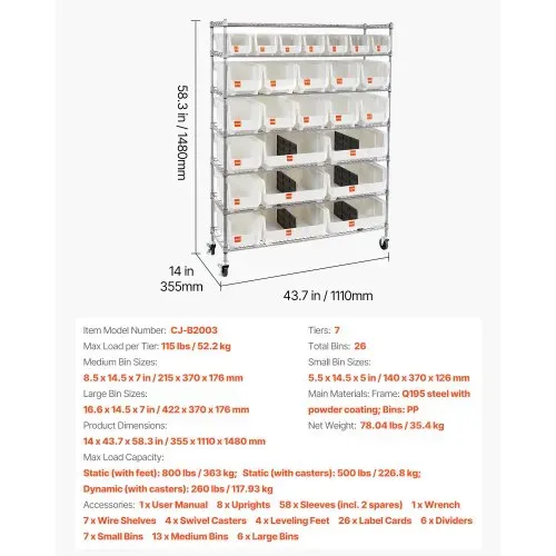 VEVOR Standregal, Lagerregal mit 7 Ebenen & 26 Stapelboxen, Bücherregal, Küchenregal mit Rollen, Fahrregal für Garage, Lager, Büro, Restaurant, Klassenzimmer, Küche, 355x1110x1480 mm – Bild 6