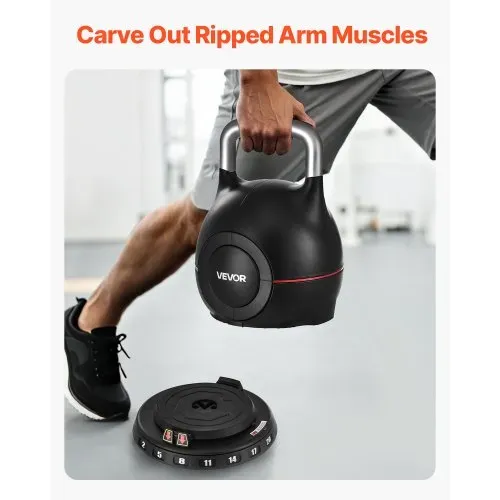 VEVOR Kugelhantel verstellbare Kettlebell mit 7 Gewichtsstufen (2/5/8/11/14/17/20 kg), Schwunghantel aus ABS + Aluminium-Druckguss, für Griffkrafttraining Ganzkörpertraining Cross-Training Schwarz – Bild 5