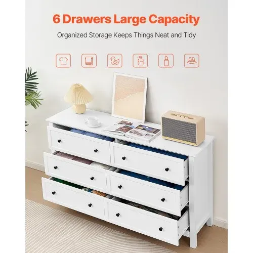VEVOR Kommode mit 6 Schubladen, Holzkommode mit Schiebe- und Kippschutz, minimalistischer Retro-Schubladenschrank TV-Ständer, Organizer für Wohnzimmer Schlafzimmer Eingangsbereich (weiß) – Bild 3