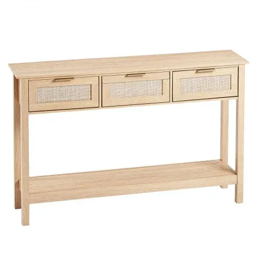 VEVOR Rattan-Konsolentisch mit 3 Schubladen, Rattan-Eingangstisch mit natürlicher Rattan-Schiebetür, Konsolen-Sofatisch für Wohnzimmer, Arbeitszimmer, Eingangsbereich oder Fernsehwand, Natur – Bild 10