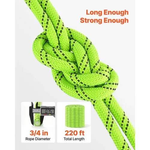 VEVOR Polyesterseil 19,1 mm x 67 m Doppelt Geflochtenes Zugseil Neongrün, Allzweckseil für Festmacher Kletter Camping & Outdoor, 8800 kg Bruchlast, 24 Außen- & 26 Innenstränge, Reflektierendes Design – Bild 2