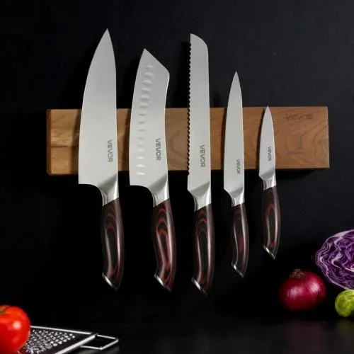 VEVOR Messerset 6-tlg. Küchenmesserset mit magnetischer Messerhalter, Messer aus hochkohlenstoffhaltigem Edelstahl, Küchenbesteck mit ergonomischem & bruchfestem Griff, Magnetleiste in Walnussoptik – Bild 7