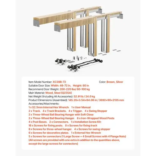 VEVOR Schiebetürrahmen-Set für 1219–1829 mm breite & 2032 mm hohe Türen, Schiebetürsystem-Set aus verzinkter Stahl & Holz mit Zwei-Wege-Soft-Close-Mechanismus & sanftem Gleiten, für Wohnzimmer – Bild 6