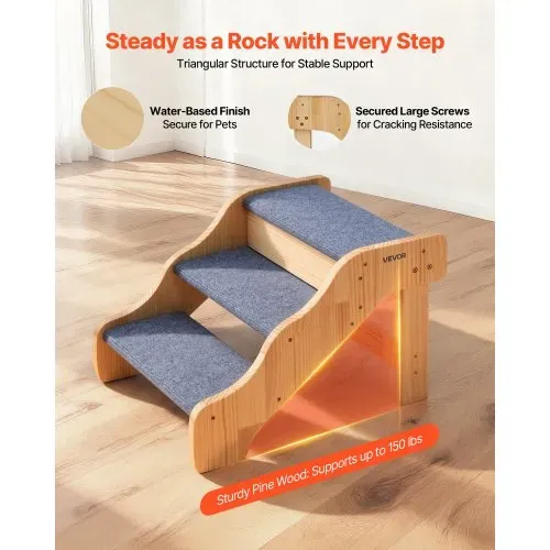 VEVOR Hundetreppe 580x430x380 mm, 3-stufige Hautiertreppe, Holztreppe geeignet für kleine, mittlere, große, ältere Haustiere sowie Welpen bis 68 kg, Hundeleiter für Betten, Sofas & Autos – Bild 2