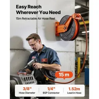 VEVOR Druckluftschlauchtrommel, Schlauchaufroller 15 m x 9,5 mm Hybrid-Druckluftschlauch, 20 bar, Automatische Schlauchaufwicklung mit 1,52 m Zuleitung, Decken-/Wandmontage, Doppelarm aus Stahl VEVOR Druckluftschlauchtrommel, Schlauchaufroller 15 m x 9,5 mm Hybrid-Druckluftschlauch, 20 bar, Automatische Schlauchaufwicklung mit 1,52 m Zuleitung, Decken-/Wandmontage, Doppelarm aus Stahl