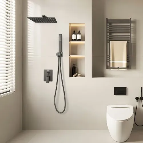 VEVOR Duscharmatur Regenduschsystem fürs Badezimmer Duschsystem mit 305 mm quadratischen Regenduschkopf & Handbrause, wandmontierte Badezimmerarmaturen mit Messingventil & Zierset, Mattschwarz – Bild 7