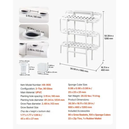 VEVOR Hydroponisches Pflanzensystem, 3-Ebenen, 90 Steckplätze, UPVC-Rohr-Anbausystem mit Zeitschaltuhr für Bewässerung, Lichtundurchlässigen Rohren, Hydroponik Turm für Gemüse, Obst & Kräuter – Bild 6