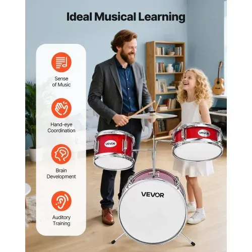 VEVOR Schlagzeug Set, 3-teilig, Drum Kit mit 35,6 cm Bassdrum, 25,4 cm Snare-Drum und 20,3 cm Tom-Toms, Musik-Lern-Schlagzeug-Instrumenten-Set, Ideal für Kinder von 6 bis 13 Jahren (rot) – Bild 4