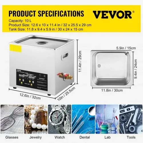 VEVOR 10 L verbesserter Ultraschallreiniger (400 W Heizung, 240 W Ultraschall) Professioneller digitaler Labor-Ultraschallreiniger mit Heizungstimer für die Reinigung von Teilen und Instrumenten – Bild 6