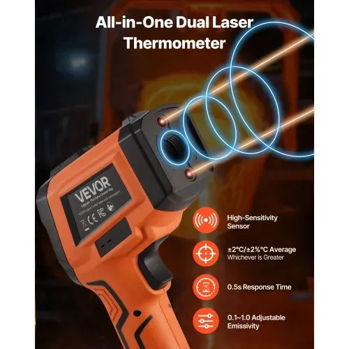 VEVOR Infrarot Thermometer -30℃~1200℃, Digitales IR-Temperaturmessgerät mit LCD-Beleuchtung Typ-K-Thermoelement & Dual-Laser, Berührungslose Temperaturpistole für Kochen Industrie (Nicht für Menschen) VEVOR Infrarot Thermometer -30℃~1200℃, Digitales IR-Temperaturmessgerät mit LCD-Beleuchtung Typ-K-Thermoelement & Dual-Laser, Berührungslose Temperaturpistole für Kochen Industrie (Nicht für Menschen)