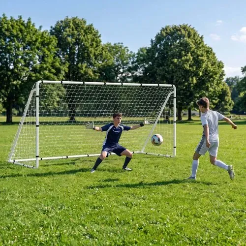 VEVOR Fußballtor 3,7 x 1,8 m Tragbares Soccertor mit Eisenrohrrahmen Weiß, für Gärten Parks Schulen und Schulsportplätze, mit PE-Netz für über 110 km/h, Bodenankern, Befestigungsbändern und Anleitung – Bild 7