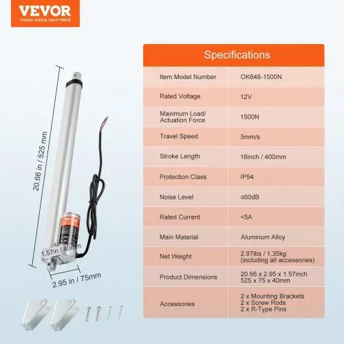 VEVOR 1500N Linear Actuator DC 12V Linearantrieb IP54 Elektrischer Linearmotor 400mm Hublänge Geräuschpegel ≤60dB Elektrische Türöffner 5mm/s Fahrgeschwindigkeit Lineartechnik Verstellantrieb – Bild 6